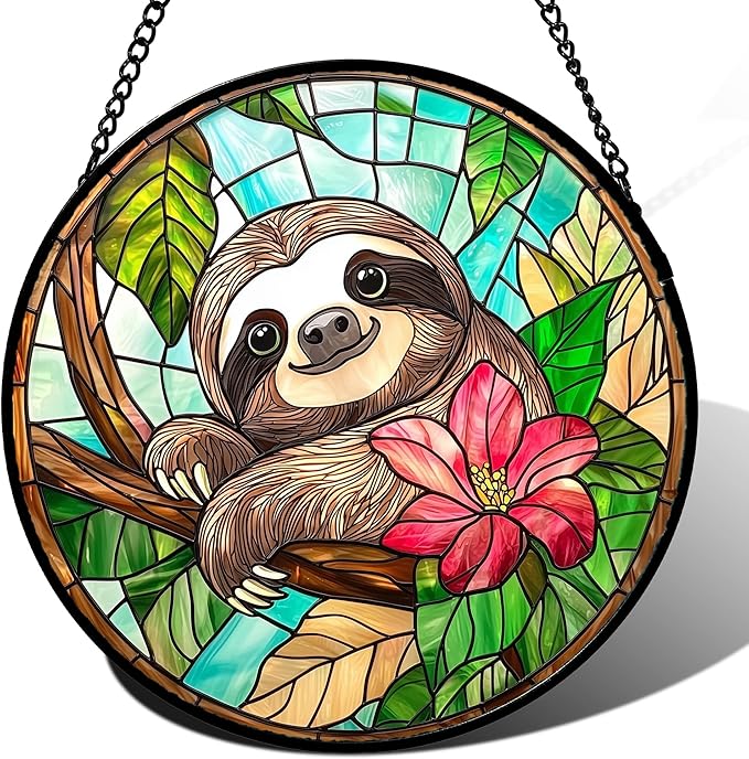 Stained Glass Window Hanging, Cute Sloth Sun Catcher for Door Home Decor Animal Suncatcher Christmas Mother's Day Birthday Gifts for Women Men Mom and Nana 6.3 in