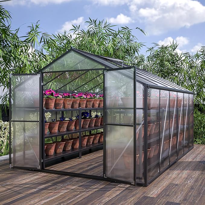 8x12 FT Greenhouses for Outdoor, Heavy Duty Polycarbonate Greenhouse,Large Walk-in Garden Green House with Double Doors and Two Ventilation Windows for Outside, Backyard,Black