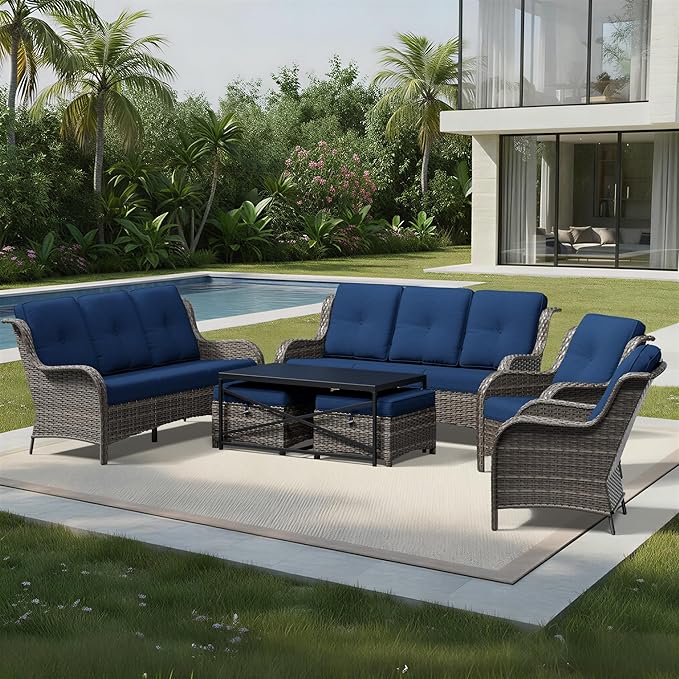 Joyside 7 Piece Wicker Patio Furniture Set, Rattan Patio Chairs with High Back, Deep Seating, Wide Armrest, Thickened Cushions, Outdoor Furniture for Deck, Porch Use