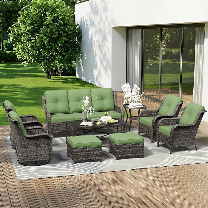 9 Piece Outdoor Wicker Patio Furniture Set, Patio Chairs Set with Thickened Olefin Cushions, High Back and Deep Seating, Hand-Woven PE Rattan, Ottoman for Porch, Deck