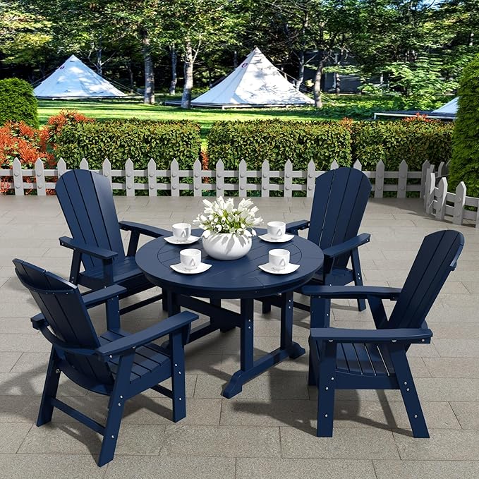 WestinTrends Malibu 5 Piece Adirondack Patio Dining Set, All Weather Poly Lumber Outdoor Table and Chairs Furniture Set, 47" Trestle Round Dining Table and 4 Adirondack Dining Chair, Navy Blue
