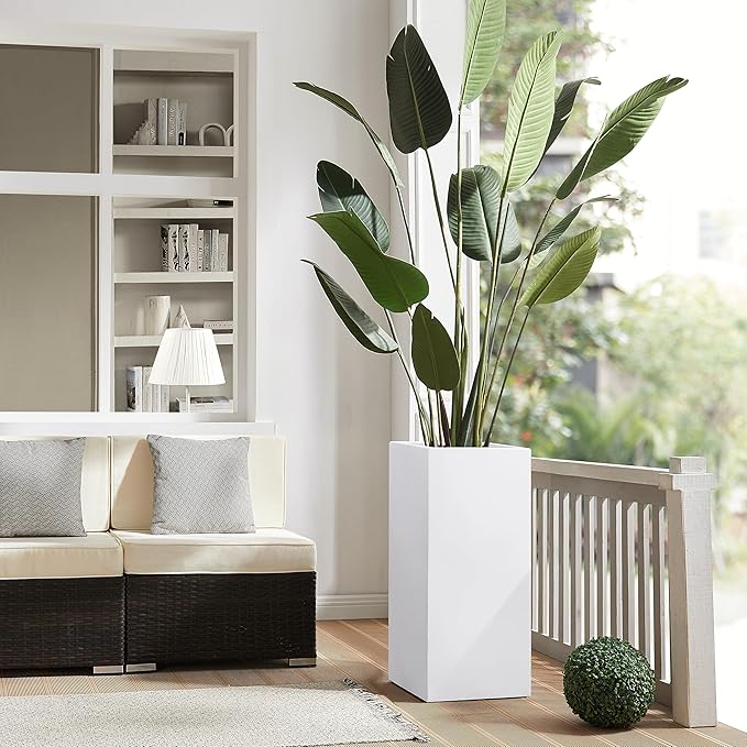 Wallowa Metallic Heavy Tall Outdoor/Indoor Planter Box, Seamless Metal Planter, Rectangular, 14”Lx14”Wx30”H, ‎25 Pounds Each, Pure White, No Assembly and Seamless, Set of 2