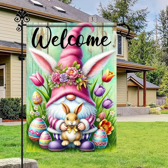 Easter Garden Flag 12x18 Inch Double Side Gnome with Bunny and Tulips Easter Decoration Spring Yard Flag Easter Eggs Colorful Welcome Yard Outdoor Home Display