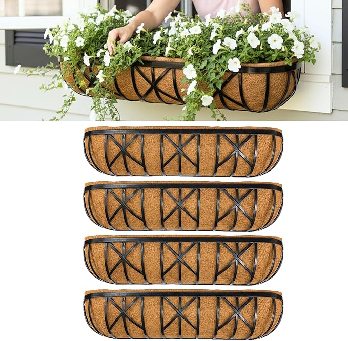 LaLaGreen 36 Inch, 4 Pack Window Boxes Planters – Large Black Metal Window Boxes for Outdoor Plant, Wall Mount Flower Pot with Coco Liner, Attach to House Fence Balcony Herb for Patio Porch Garden