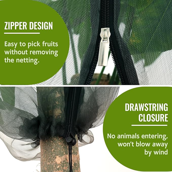 2 Pack Fruit Tree Netting Bags with Zipper and Drawstring, Ultra Fine Mesh Garden Netting Plant Cover, Bird Netting for Blueberry Bushes, Fruit Vegetable Trees, Flowers (Black, 10 x 10 ft)