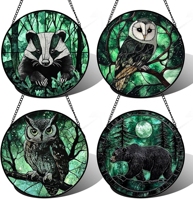 DASTOLL Stained Glass Window Hanging 4 Pcs Set Green Forest Night Sky Wildlife 6.3" - Suncatcher Door Garden Sun Catcher Decor Birthday for Mom Woman Nana Men Friend