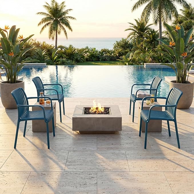 4 x Outdoor Stackable Dining Chair, All-Weather Plastic Patio Chair, Pool Side Chair, Modern Slatted Design for Balcony, Garden, Backyard, Indoor & Outdoor Use (Armrest, Teal Blue)