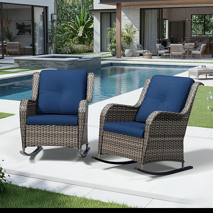 Joyside Outdoor Rocking Chairs Set of 2, Wicker Patio Furniture with High Back, Deep Seating, Wide Armrest, Thickened Cushions, Outdoor Rattan Furniture for Deck, Porch Use
