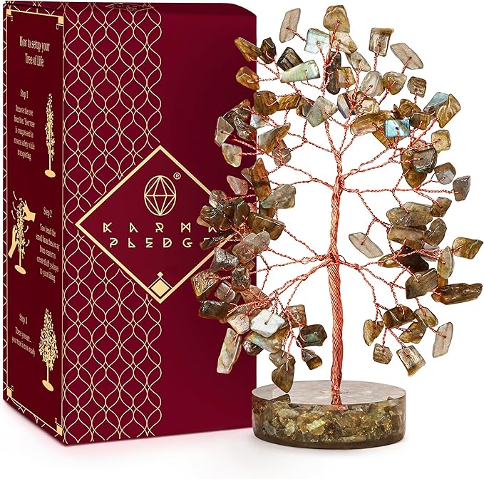 Crystal Tree for Home and Office Decor, Labradorite Chakra Healing Stones Handmade Feng Shui Bonsai Tree of Life for Positive Energy, Money, Good Luck, Christmas Decor, Birthday Gifts for Women, Mom
