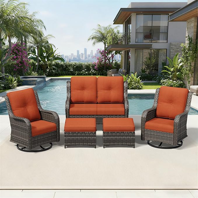 Joyside 5 Piece Wicker Patio Furniture Set, Outdoor Swivel Rocker Patio Chairs with High Back, Deep Seating, Wide Armrest, Thickened Cushions, Outdoor Furniture for Deck, Porch Use