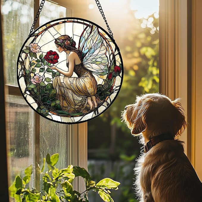 JOSUMALY Stained Glass Window Hanging - Butterfly Flower Fairy Suncatcher for Door Terrace Garden Home Decor Yellow Green Plants Sun Catcher Birthday Gifts for Lovers Women Men Dad Mom Nana 15 in