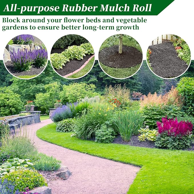 Black Rubber Mulch for Landscaping 120in L x 4.5in W Recycled Garden Edging Border Mat Natural Looking Permanent Garden Mulch Barrier for Plants Vegetables & Flowers 15 U-Shaped Steel Stakes