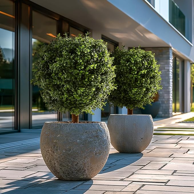 Artificial Plants Indoor Outdoor - Set of 2 Topiary Boxwood Trees – 24” High Pre-Potted Faux Trees - Plant Decor for Front Porch Home Office - Topiary Ball