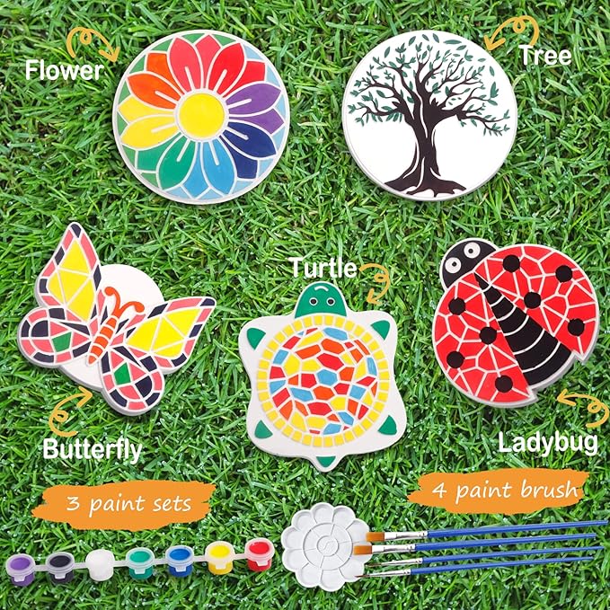 IFLOVE Paint Your Own Stepping Stones for Kids Craft Kits,Arts and Crafts for Kids Ages 4-8,5 Pack Painting Crafts for Girls Ages 8-12，Outdoor Toys Art Supplies Toddler Birthday Gift (Multicolored)