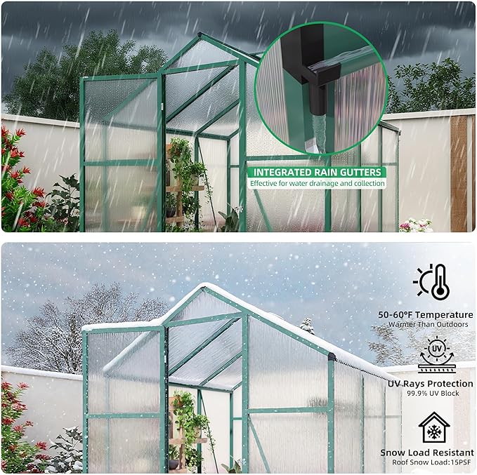 KEIKI Walk-in 6x6 FT Polycarbonate Greenhouse, Aluminum Frame Outdoor Greenhouse with Roof Vent, Anchor Base & UV-Blocking Panels for Backyard Gardening, Green
