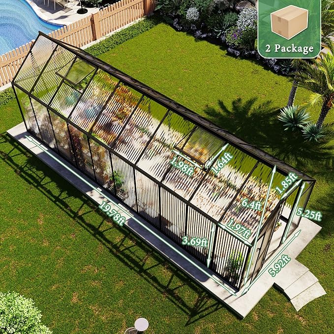 AMERLIFE 6x16 Ft Polycarbonate Greenhouse for Outdoors, Walk-in Design with Aluminum Frame, 2 Windows and Swing Door, Heavy-Duty Greenhouse Construction for Garden, Black