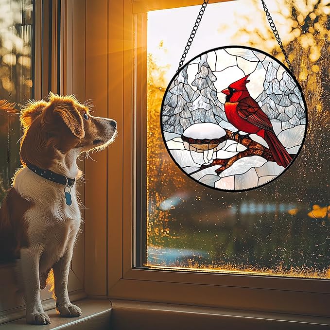 Stained Glass Window Hanging Cardinal Bird Winter Snow Scene Large 11.8" - Suncatcher Door Garden Sunroom Sun Catcher Home Decor Birthday Christmas for Mom Men Woman Nana