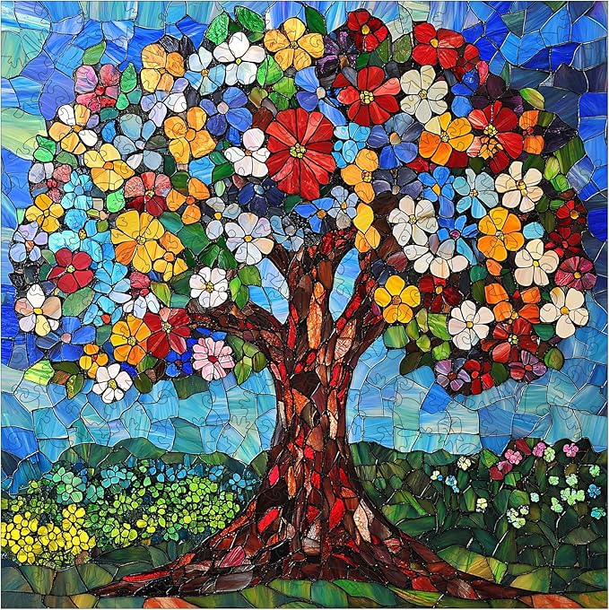 Delobil Puzzles for Adults 500 Pieces, Flower Tree Jigsaw Puzzles, Unique Shaped Stained Glass Wooden Puzzles for Adults and Kids, Plant Art Birthday Gifts Family Game, 15.9 x 15.9 Inches