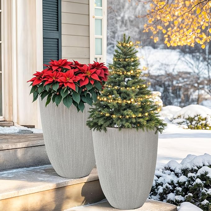 Ultym 19" H Mediterranean Planter for Indoor/Outdoor Plants, Set of 2 Large Flower Pot with Drainage Hole, Weather/UV Resistant Resin Planters for Garden Patio Porch Home Office Decor, Beige Fluted