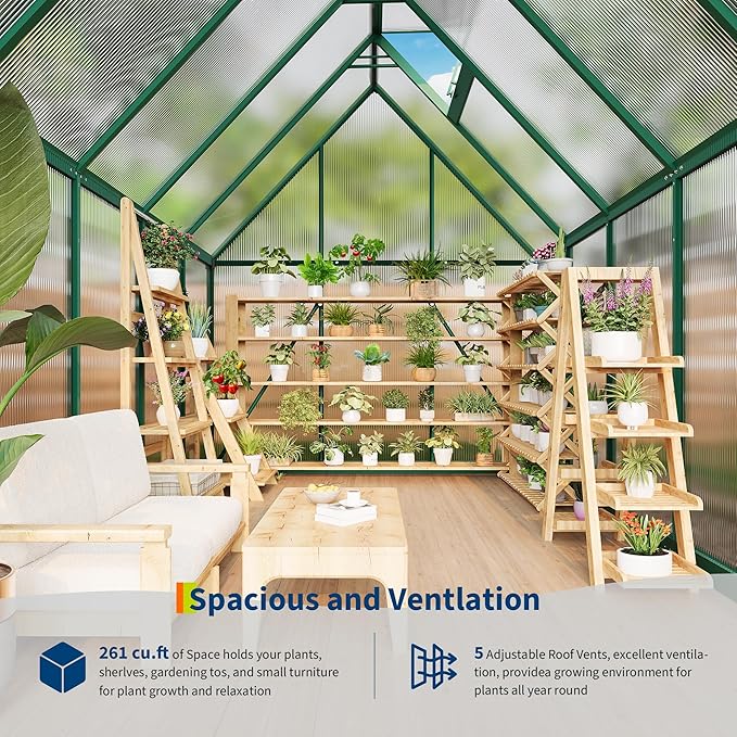 6 x 9 ft Greenhouse, Polycarbonate Walk-in Greenhouse with Aluminum Frame, Adjustable Roof Vent and Lockable Door, Easy Assembly, Green Houses for Outside, Garden, Backyard and Patio