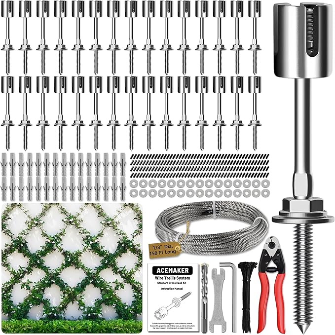Acemaker Wire Trellis for Climbing Plants Outdoor, 30-Set Wall Wire Trellis Kit with 1/8in x 150ft Stainless Steel Cable & Cutter, T316 Espalier System for Fence and Garden DIY Projects