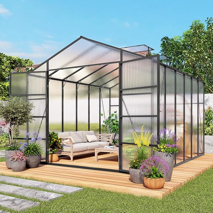 Greenhouse for Outdoors 10x12X8.7FT, Polycarbonate Greenhouses with Stronger Wind Protection and Roof Vent, Walk-in Large Aluminum Winter-Proof Sunroom, Black