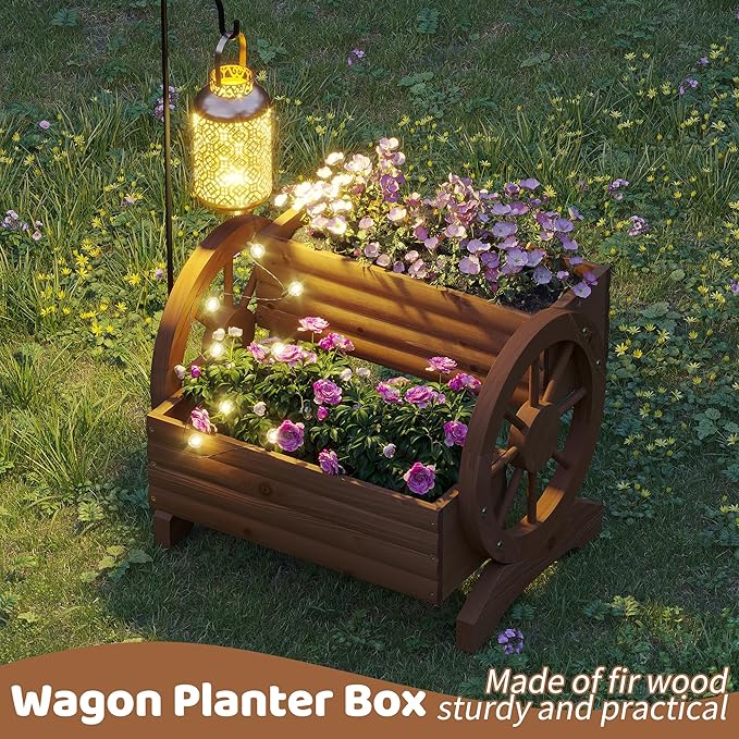 FILWH Wooden Wagon Planter Box for Indoor Outdoor Garden Planter Wood Planter Boxes Flower Planters Outdoor with Wheels Planter for Flowers Herbs Vegetables(Brown)