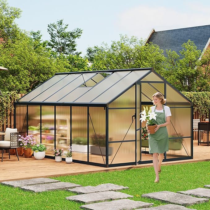 8x12ft Greenhouse Aluminum Greenhouse for Outdoors with Roof Vent, Lockable Outward-Opening Swing Door, Heavy-Duty Polycarbonate Walk-in Green House for Garden, Backyard, Patio, Lawn, Dark Grey