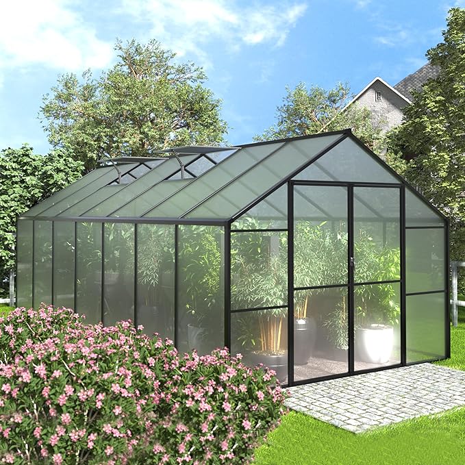 MUPATER 8 x 14 FT Heavy Duty Greenhouse, Polycarbonate Green House Kit with Aluminum Frame, Walk-in Greenhouse with Lockable Door and Ajustable Roof Vent for Backyard, Outdoors, Grey