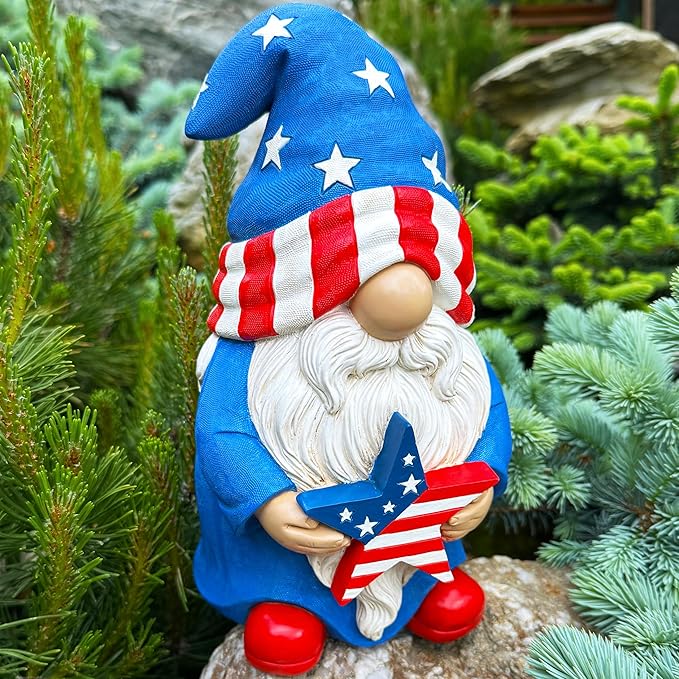 Mood Lab Garden Gnome - USA Patriotic Gnome Figurine - 9 Inch Tall Lawn Statue - for Outdoor or House Decor