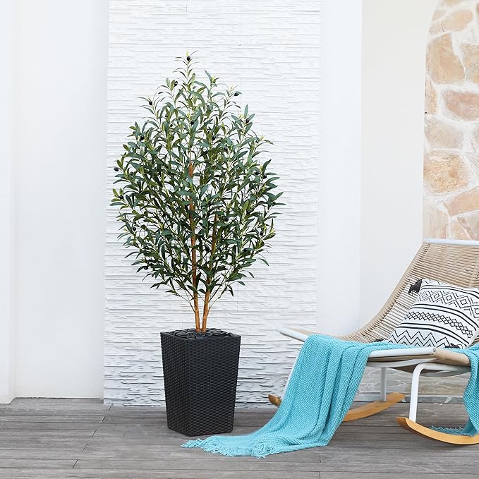 VeriNatural Artificial Olive Tree 5FT - Tall Faux Olive Trees with Natural Wood Trunk, Silk Leaves, Black Taper Planter & Pebbles, UV Resistant Fake Plants Indoor for Home Decor, Office,Outdoor,VN131