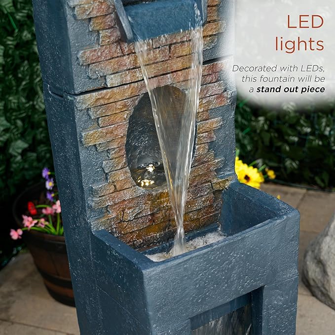 Alpine Corporation TZL398 40" Stone Wall Cascading Fountain with LED Lights, Elegant Outdoor Water Feature for Garden, Patio, Backyard & Home Decor, Relaxing Waterfall Fountain, Gray