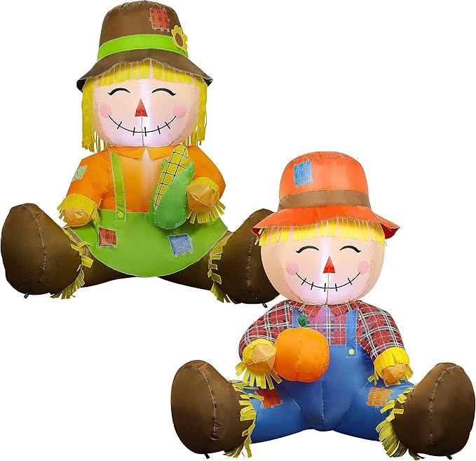 Lulu Home 3.3FT Fall Inflatable Decoration, Set of 2 Air Blown Scarecrow Couples with Built-in LED Lights for Harvest Indoor Outdoor Front Door Yard Lawn Garden Thanksgiving Decor