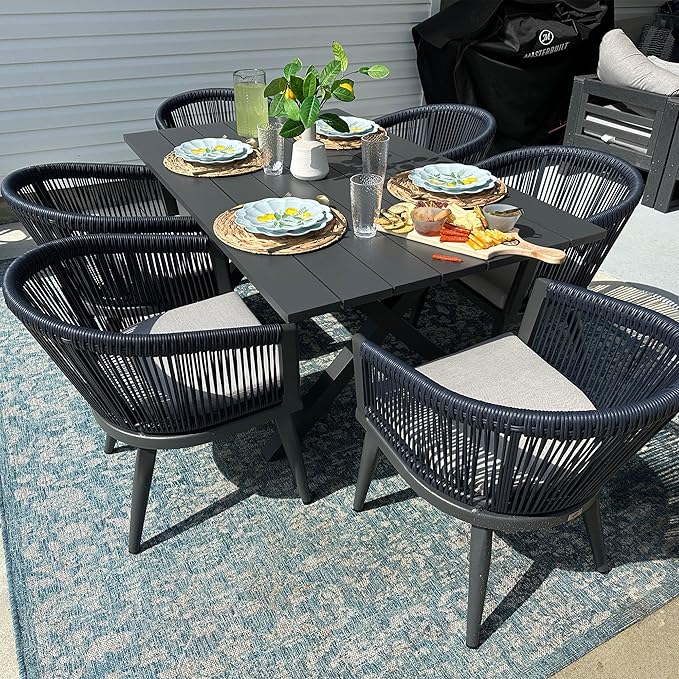PURPLE LEAF 2 Pieces Outdoor Dining Chairs All-Weather Rattan for Lawn Garden Backyard Deck Patio Dining Chairs with Cushions, Navy Blue and Gray