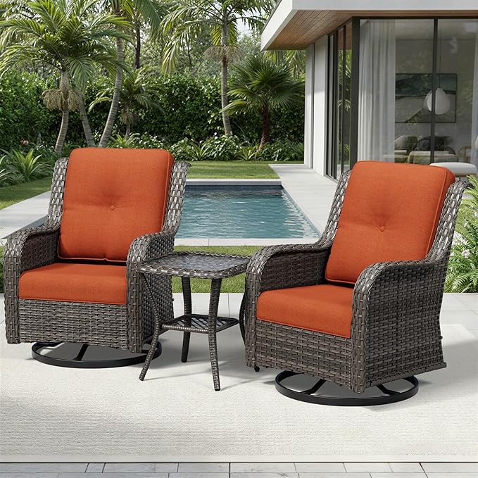 Joyside 3 Piece Wicker Patio Furniture Set, Outdoor Swivel Rocker Patio Chairs with High Back, Deep Seating, Wide Armrest, Thickened Cushions, Outdoor Furniture for Deck, Porch Use