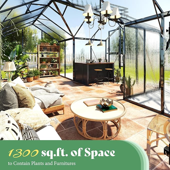 AMERLIFE 16.8x12x7 FT Greenhouse for Ourdoors, Quick-Lock Assembly, Aluminum Frame with 2 Vents, 2 Doors, and Walk-in Design for Garden or Backyard, Black