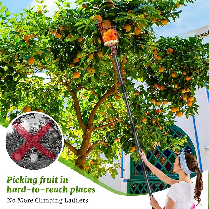 Fruit Picker, Fruit Picker Pole with Basket Extendable Long Handle, Easy to Assemble & Use Fruits Picker Tool for Orange Lemon Apple Mango Avocado (13FT)