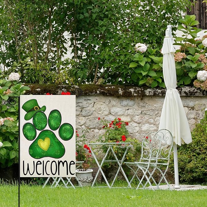 Welcome St Patricks Day Garden Flags for Outside, Irish Dog Paw with Green Hat Lucky Shamrocks Yard Decoration, Small Seasonal Outdoor Decor for Farmhouse Holiday,12x18 Inch Double Sided