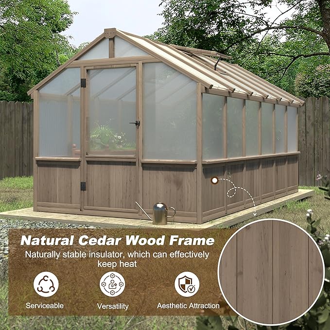 8x12 FT Greenhouse Kit with 6MM Thick Polycarbonate Panel for Outdoor, Wooden Walk-in Green House with Adjustable Roof Vent and Lockable Door, Backyard, Garden, Light Mocha Brown