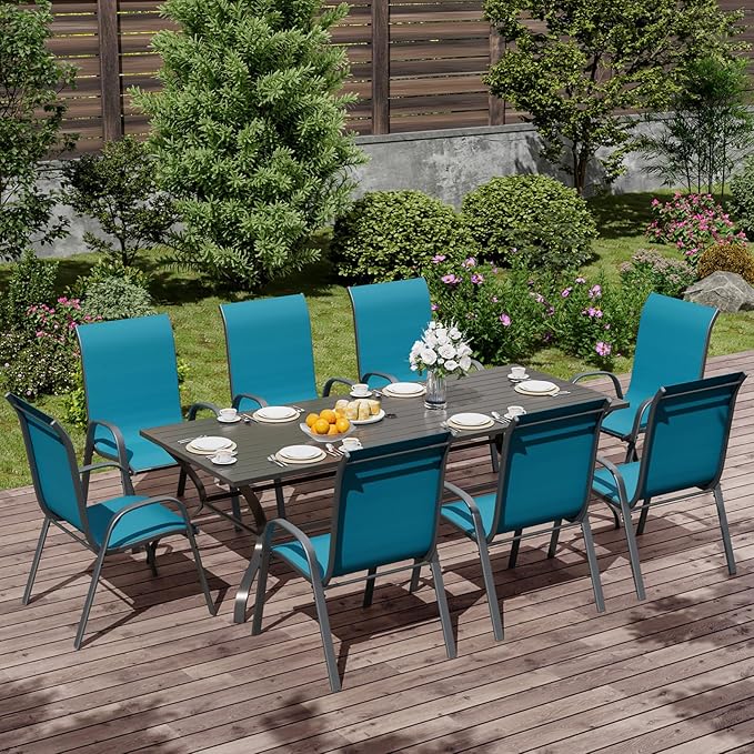 Patio Dining Chairs Set of 8, Stackable Dining Chairs High Back, Breathable Seat Fabric and Alloy Steel Frame Fit Backyard, Porch, Lawn，Poolside (Sky Blue)