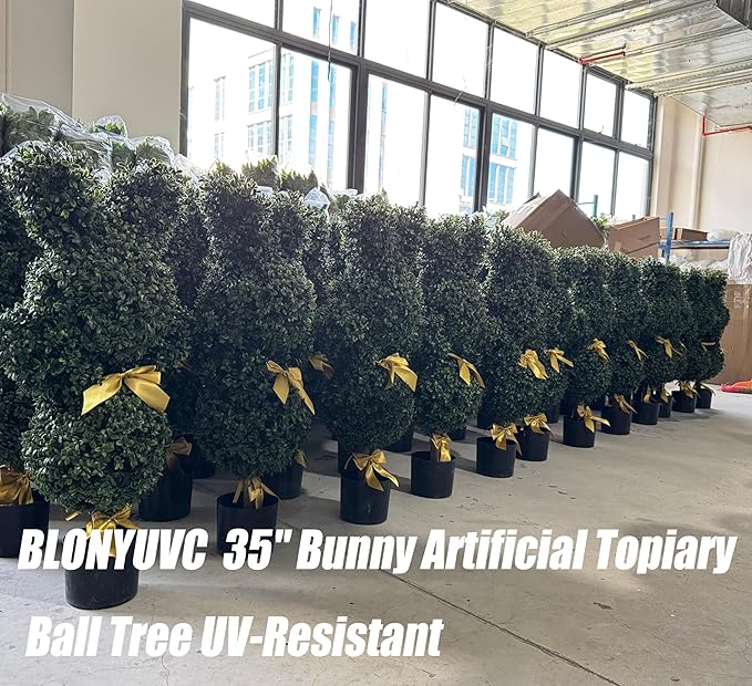BLONYUVC 36'' Artificial Bunny-Shaped Topiary Double Ball Tree Pot UV-Resistant Bowknot Faux Boxwood Topiaries Plant for Porch Decor Outdoor/Indoor 2 Pack