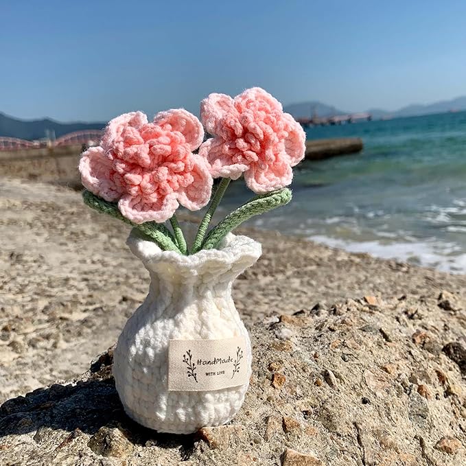 YOOJEE Crochet Paris Polyphylla Flower Pot Handmade Knitted Desk Decor Pink Potted Plant for Home Office
