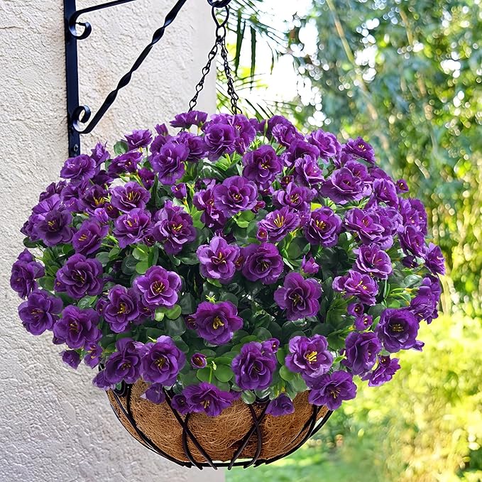 Artificial Fake Outdoor Flowers Plants, Faux Silk Purple Camellia Bundles UV Resistant No Fade Realistic for Planter Pot, Outside Porch Patio Balcony Garden Yard Home Decoration, 3 Large Bundles