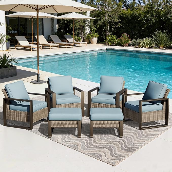Joyside Outdoor Patio Chairs, 6 Pieces Wicker Rattan Furniture Set, 4 Patio Chairs and 2 Ottoman, Metal Wide Armrest, Thick Cushions and Deep Seating for Garden, Backyard, Porch, Deck