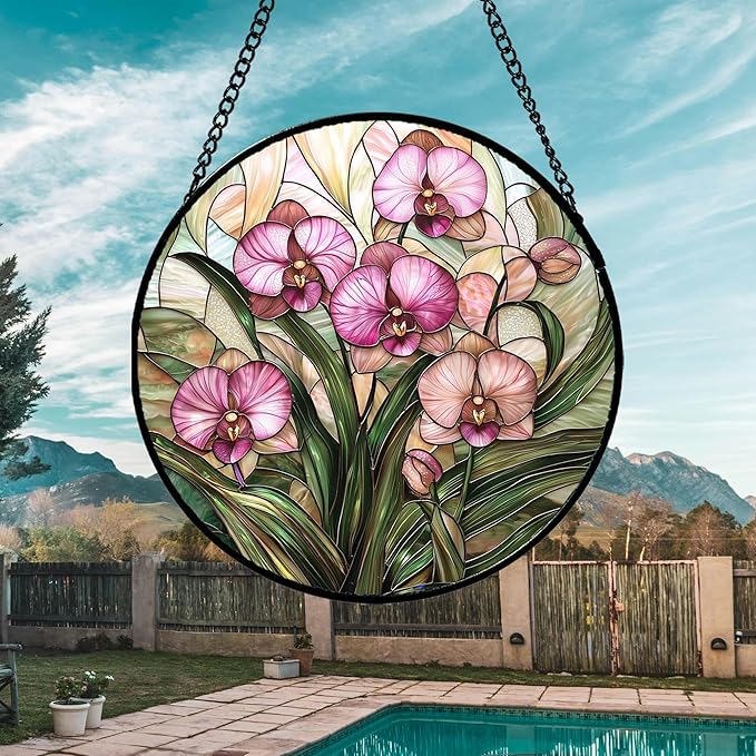 AMDERVEN Stained Glass Window Hanging - Pink Phalaenopsis Orchid Green Leaves Sun Catcher for Door Home Decor Flower Suncatcher Christmas Mother's Day Birthday Gifts for Women Men Mom Nana 7.8 in
