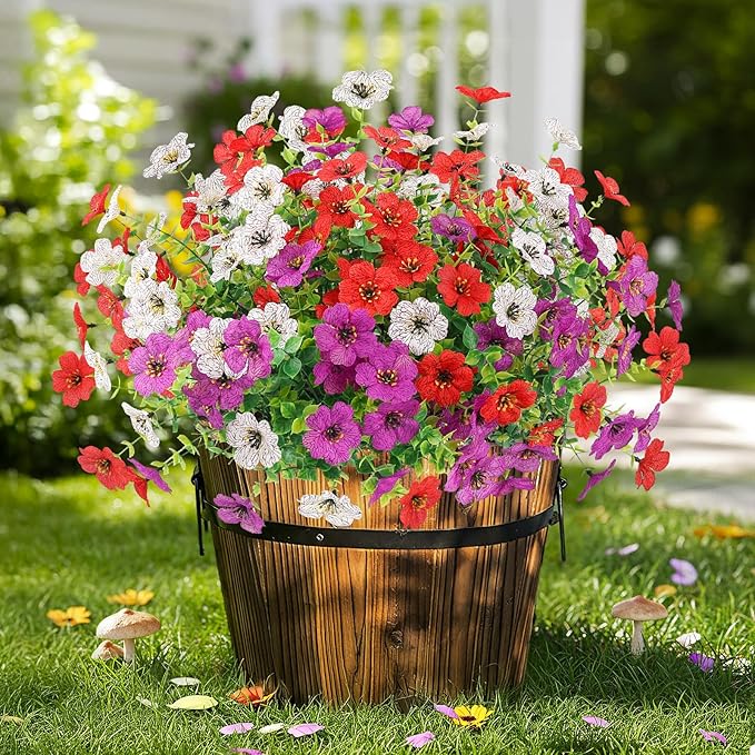ATTGREAT Artificial Spring Flowers Outdoors UV Resistant Plastic Flowers Outdoors Faux Flowers Fake Plants Outside for Garden Porch Planters Silk Flowers Daisy Decor, 6 Bundles (Mix White Red Purple)