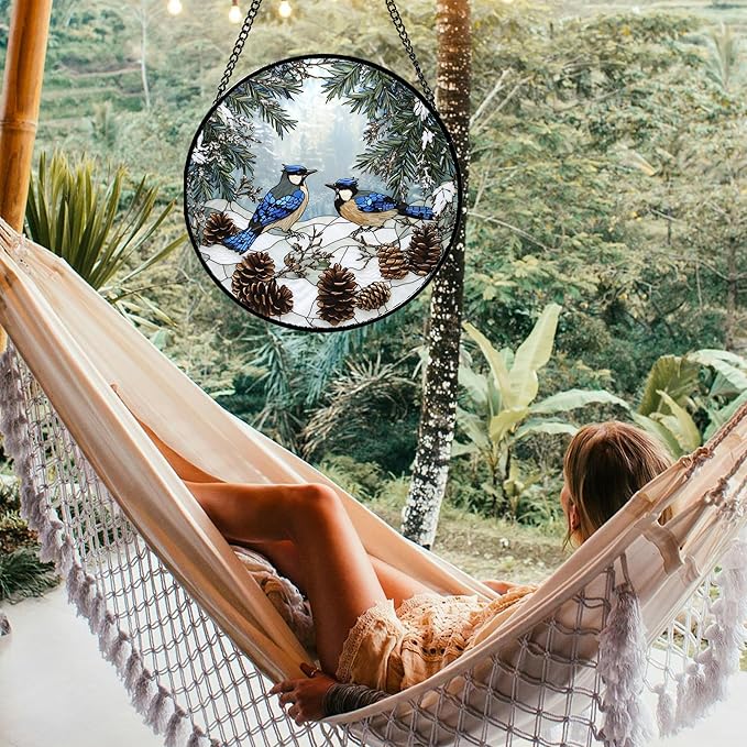 HWRHTR Stained Glass Window Hanging - Blue Bird Winter Forest Landscape Suncatcher for Door Garden Yard Sun Catchers Decor Christmas Mother's Day Birthday Gifts for Women Mom Nana Friend 15 in