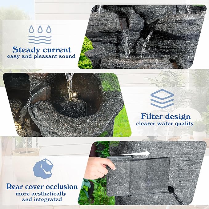 Garden Waterfall Fountain Outdoor - Water Fountains and Waterfalls, Outdoor/Indoor Floor Standing Resin Water Fountain with LED Light for Patio, Garden and Backyard, Deck, Porch, Home (40" H)