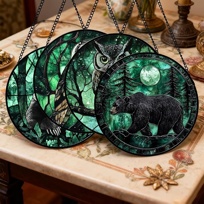 DASTOLL Stained Glass Window Hanging 4 Pcs Set Green Forest Night Sky Wildlife 7.8" - Suncatcher Door Garden Sun Catcher Decor Birthday for Mom Woman Nana Men Friend