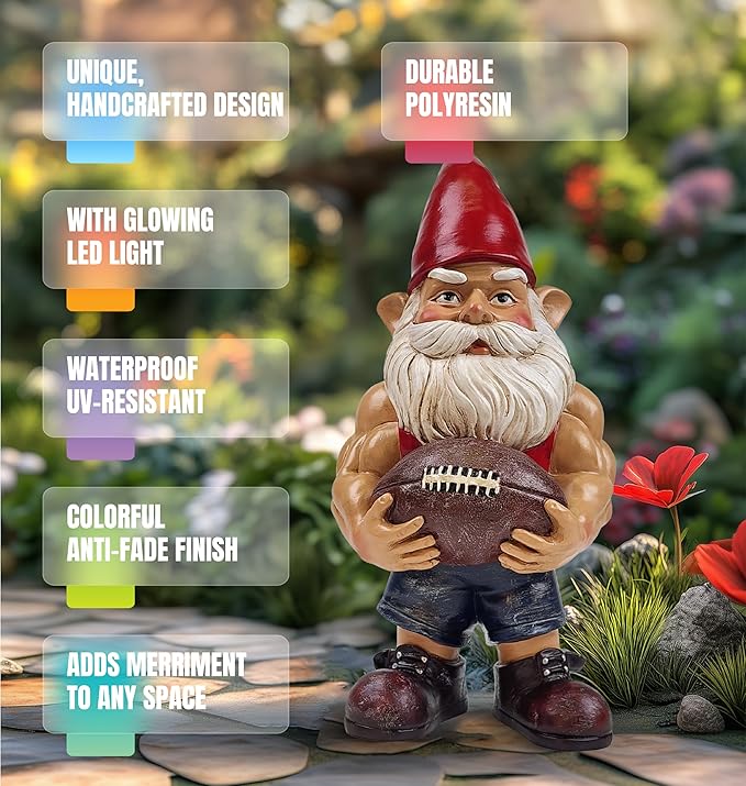 Better Office Products Garden Gnome Statue, 12" Height, Handcrafted Waterproof, UV-Resistant Polyresin Lawn Patio Porch Ornament Decoration (Muscled Football Player with Glowing Solar Light)